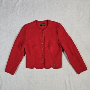 Geiger Tyrol Vintage Pure Wool Red Cardigan Jacket Collarless Made in Austria 8